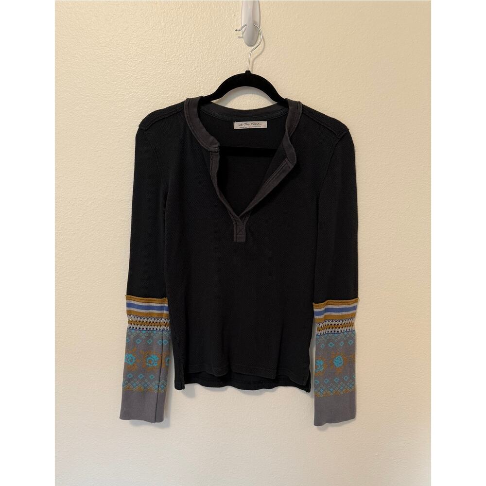 Free People We The Free Mikah Thermal Henley Black Combo Sz M Embroidered Cuffs